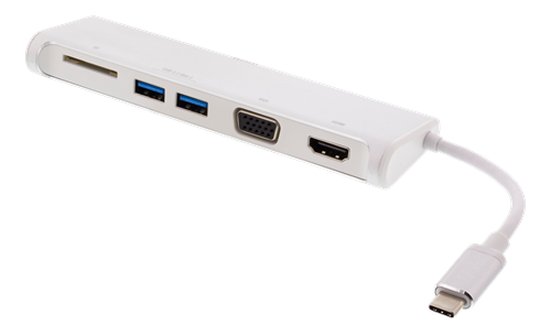 DELTACO USB-C Hub 1xHDMI 4K, 1xVGA, 2xUSB-A 3.1, 1xSD Card Reader - White (USBC-HUB100)