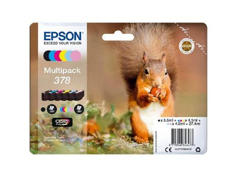 EPSON n Ink Cartridges,  Claria" Photo HD Ink, 378, Squirrel, Multipack,  1 x 5.5 ml Black, 1 x 4.1 ml Cyan, 1 x 4.8 ml Light Cyan, 1 x 4.1 ml Yellow, 1 x 4.1 ml Magenta, 1 x 4.8 ml Light Magenta (C13T37884010)