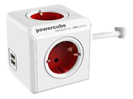 ALLOCACOC POWERCUBE Extended 4-Way 2x USB Röd 4 strömutgångar,  2x usb, automatsäkring,  jordad, barnsäkring,  1,5m kabel (1402RDDEEUPC)