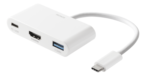DELTACO USB-C till HDMI/USB A adapter, 4K 30Hz, USB-C PD 3.0 100W, vit (USBC-HDMI23)