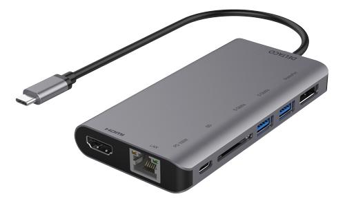 DELTACO USB-C dockningsstation HDMI/ DP/ RJ45/ 2xUSB-A/ SD PD 3.0 spc grey (USBC-HDMI19)