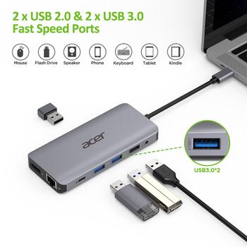 ACER 12-IN-1 TYPE-C DONGLE 2xUSB3.2 2xUSB2.0 2xHDMI 1xDisplayPort Type C PowerDelivery SD Card reader TF Card reader 1000M Ethernet (HP.DSCAB.009)