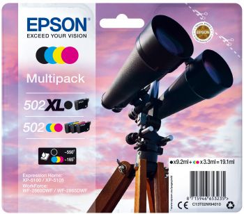 EPSON 502XL Binoculars Black Cyan Magenta Yellow Ink Cartridge Multipack 9.2ml + 3 x 3.3ml (Pack 4) - C13T02W94010 (C13T02W94010)