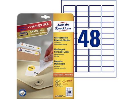 AVERY Multipurpose Mini Removable Label 45.7x21.2mm 48 Per A4 Sheet White (Pack 1200 Labels) L4736REV-25 (L4736REV-25)