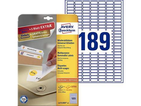 AVERY Multipurpose Mini Removable Label 25.4x10mm 189 Per A4 Sheet White (Pack 4725 Labels) L4731REV-25 (L4731REV-25)