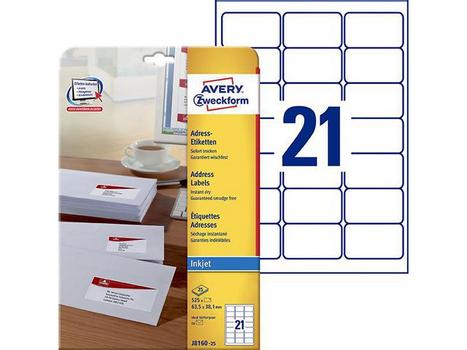 AVERY inkjet-etik.  63, 5x38, 1mm 21 stk på et ark 25 ark Quick Dry (J8160-25)