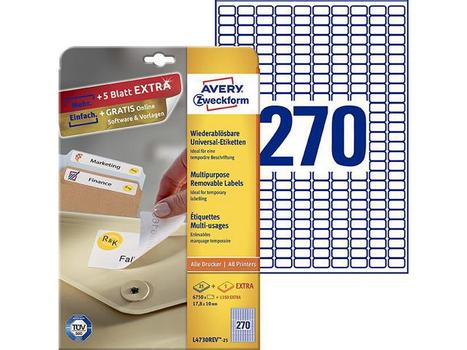 AVERY Multipurpose Mini Removable Label 17.8x10mm 270 Per A4 Sheet White (Pack 6750 Labels) L4730REV-25 (L4730REV-25)