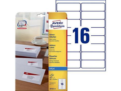 AVERY Inkjet Address Label 99x34mm 16 Per A4 Sheet White (Pack 400 Labels) J8162-25 (J8162-25)