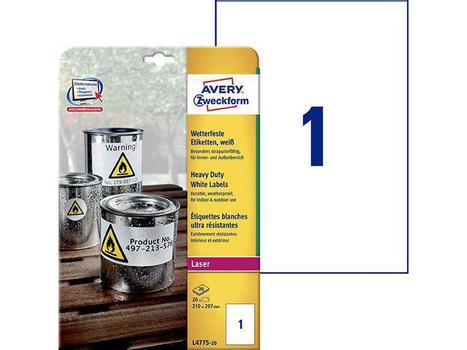 AVERY Laser Heavy Duty Label 210x297mm 1 Per A4 Sheet White (Pack 20 Labels) L4775-20 (L4775-20)