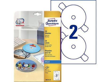 AVERY Inkjet CD/DVD mat fotokvalitet 2 stk på et ark 25 ark (J8676-25)
