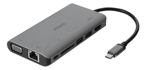DELTACO USB-C docking station HDMI/ VGA/ 2xUSB-A PD 3.0 spc grey (USBC-HDMI18)