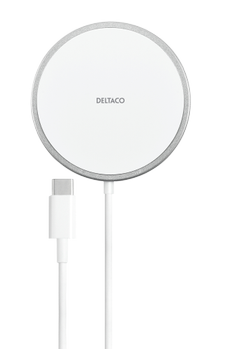 DELTACO magnetic wireless charger, 15 W, USB-C, white/ silver (QI-1034)