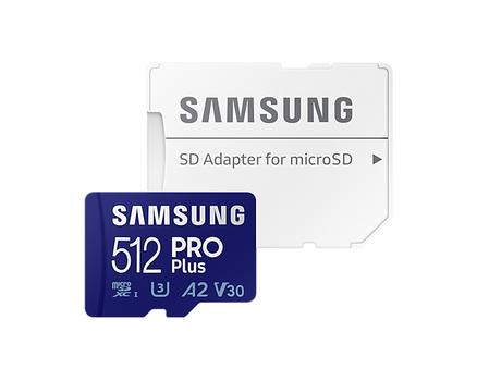 SAMSUNG PRO Plus MB-MD512KA - Flashgeheugenkaart (microSDXC-naar-SD-adapter inbegrepen) - 512 GB - A2 / Video Class V30 / UHS-I U3 / Class10 - microSDXC UHS-I - blauw (MB-MD512KA/EU)