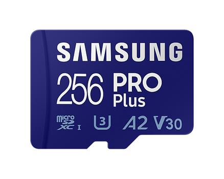 SAMSUNG PRO Plus - Flashgeheugenkaart (microSDXC-naar-SD-adapter inbegrepen) - 256 GB - A2 / Video Class V30 / UHS-I U3 / Class10 - microSDXC UHS-I - blauw (MB-MD256KA/EU)