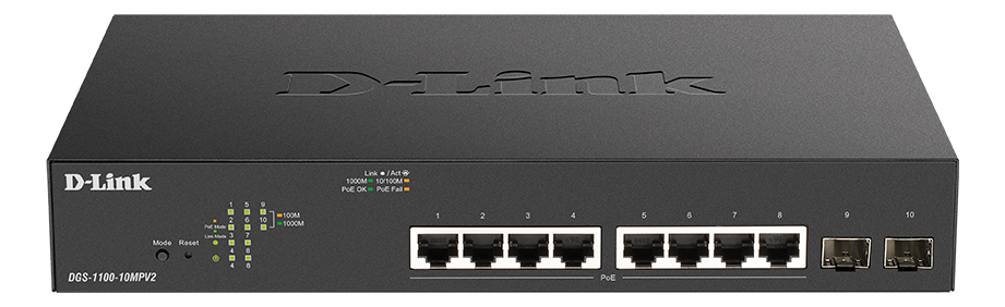 D-LINK nätverksswitch,  8xRJ45, 2xSFP, PoE plus, Gigabit, svart/ silver (DGS-1100-10MPV2/E)