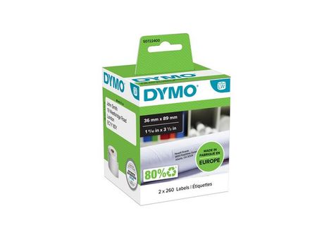 DYMO Permanent adhesive paper address labels - white - 36 x 89 mm - 520 label(s) ( 2 roll(s) x 260 ) - for DYMO LabelWriter 300, 400, 450, 4XL - S0722400 (S0722400)