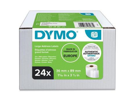 DYMO S0722390 13187 Adresetiketten Authentiek Zelfklevend Zwart op wit 36 (B) x 89 (H) mm 24 Rollen à 260 Etiketten (S0722390)