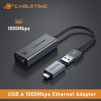 CABLETIME USB-A til Ethernet adapter, USB-A: Han - RJ45: Hun, 10/ 100/ 1000 Mbit, Space Grey (CT-AML1000-AG)