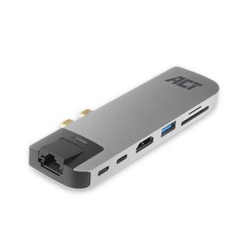 ACT USB-C - Thunderbolt 3 multiport adapter 4K HDMI USB-A USB-Cethernet mem.card PD100W USB-C (AC7044)