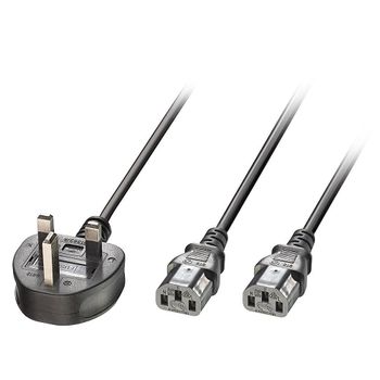 LINDY IEC  Splitter  Extension  Cable  UK  3  pin  Plug  to  2  x  IEC  C13,  2.5m  Black (30371)