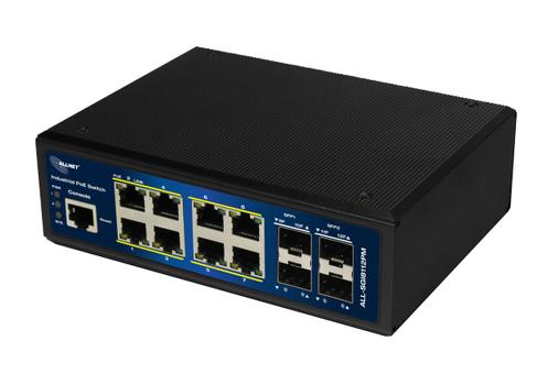 ALLNET Switch industrial fully managed Layer2+ 12 Port GbE • PoE budget 240W • 8x PoE BT • 4x SFP • Fanless • DIN • JSON API • ALL-SGI8112PMJ-BT (ALL-SGI8112PM-BT)