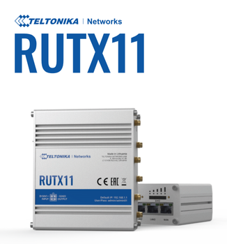 TELTONIKA RUTX11, LTE Cat 6, Gigabit Ethernet ports, AC Wi-Fi, Bluetooth LE, and is EN 45545-2-certified (RUTX11240000)