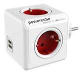 ALLOCACOC POWERCUBE Original 4-Way 2xUSB Röd 5 strömutgångar,  2x usb portar, automatsäkring,  jordad, barnsäkring (1202RDDEOUPC)