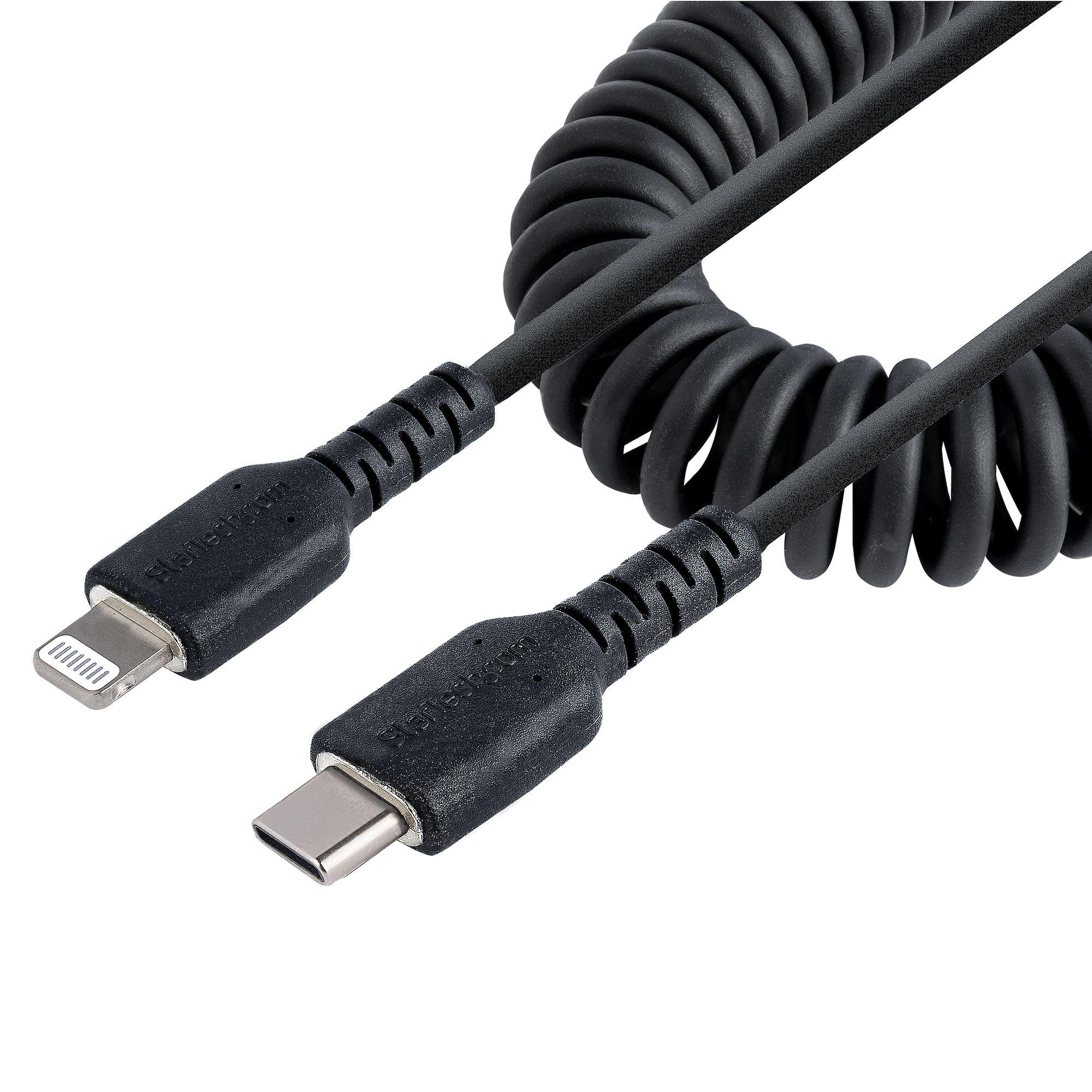 STARTECH USB C to Lightning Cable 20in 50cm MFi Certified Coiled iPhone Charger Cable Black TPE Jacket Aramid Fiber