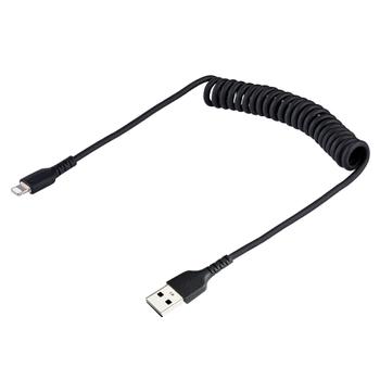 STARTECH 50cm 20in USB to Lightning Cable MFi Certified Coiled iPhone Charger Cable Black Durable TPE Jacket Aramid Fiber (RUSB2ALT50CMBC)