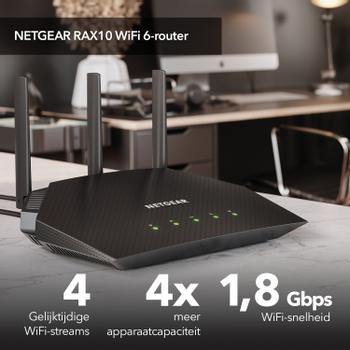 NETGEAR RAX10 - Wireless router - 4-port switch - GigE - 802.11a/ b/ g/ n/ ac/ ax - Dual Band (RAX10-100EUS)