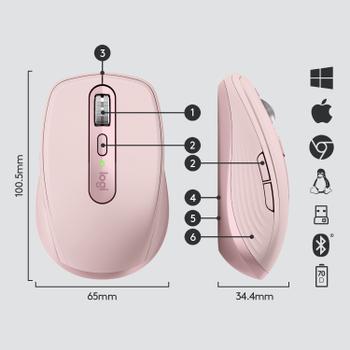 LOGITECH h MX Anywhere 3 - Mouse - laser - 6 buttons - wireless - 2.4 GHz, Bluetooth - USB wireless receiver - rose (910-005990)