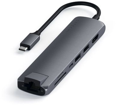 SATECHI Slim MultiPort Docking (rymdgrå) USB-C 60W PD, Ethernet, 1xHDMI, 2xUSB-A, SD, microSD (ST-UCSMA3M)