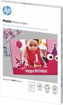 HP - Matte - 8.8 mil - 100 x 150 mm - 180 g/m² - 25 sheet(s) photo paper - for Deskjet Ink Advantage 1275, Officejet 38XX, 46XX, 52XX, 57XX, 68XX, 69XX, 80XX, 8702, 9012 (7HF70A)