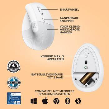 LOGITECH h Lift Vertical Ergonomic Mouse - Vertical mouse - ergonomic - optical - 6 buttons - wireless - Bluetooth,  2.4 GHz - Logitech Logi Bolt USB receiver - off-white (910-006475)