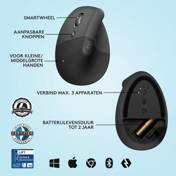 Logitech Lift Vertical Ergonomic Mouse - vertikal mus - Bluetooth,  2.4 GHz - grafitt (910-006474)