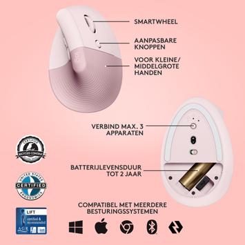 Logitech Lift Vertical Ergonomic Mouse - vertikal mus - Bluetooth,  2.4 GHz - rosa (910-006478)