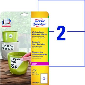 AVERY Laseretiket Avery stærk aftagelig 210x148mm 40stk/ark 20ark/pak (L4717REV-20)