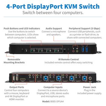TRIPP LITE e 4-Port DisplayPort KVM with Dual Console Ports (DP and HDMI), 4K 60Hz 4:4:4, DP1.4 with IR Remote - KVM / audio / USB switch - 4 x KVM / audio / USB - 1 local user - desktop (B005-DPUA4)