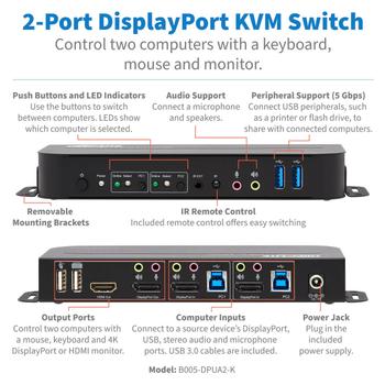 TRIPP LITE DisplayPort USB KVM Switch 2-Port 4K 60Hz HDR DP 1.4 USB Cables - KVM / audio / USB switch - 2 x KVM / audio / USB - 1 local user - desktop (B005-DPUA2-K)