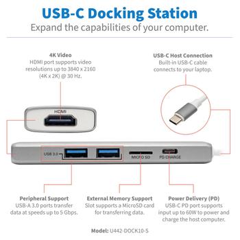 TRIPP LITE TRIPPLITE USB-C Dock 4K HDMI USB 3.2 Gen 1 USB-A Hub Ports Memory Card 60W PD Charging (U442-DOCK10-S)