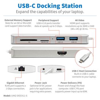 TRIPP LITE TRIPPLITE USB-C Dock 4K HDMI USB 3.2 Gen 1 USB-A/C Hub GbE Memory Card 60W PD Charging (U442-DOCK11-S)