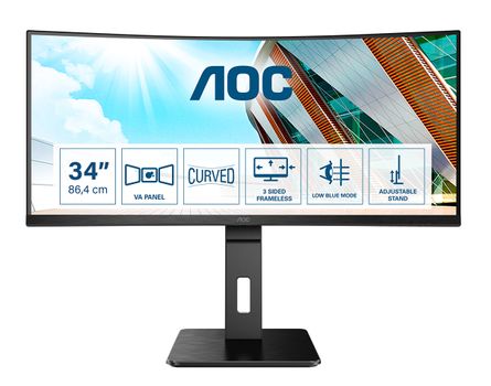 AOC CU34P2A - LED monitor - curved - 34" - 3440 x 1440 UWQHD @ 100 Hz - VA - 300 cd/m² - 3000:1 - 1 ms - 2xHDMI, DisplayPort - speakers - black (CU34P2A)