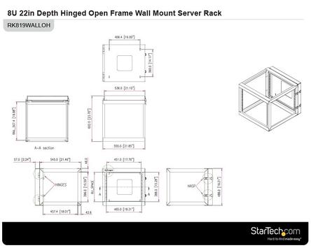 StarTech "8U Hinged Open Frame Wall Mount Network Rack - 4-Post 22"" Depth Swing Out Computer Equipment Rack - 140lbs capacity (RK819WALLOH)" - rack - 8U (RK819WALLOH)