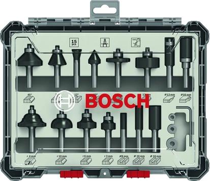 Bosch Sett med fresejern,  15 deler, blandet, 8 mm skaft 15-piece Mixed Application Router Bit Set. (2607017472)