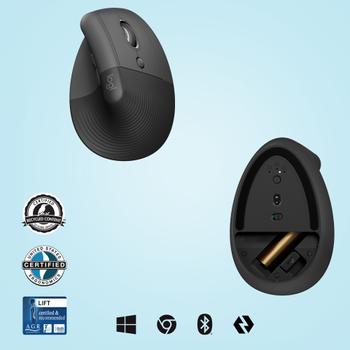LOGITECH Lift Vertical Ergonomic Mouse Vertical mouse ergonomic optical 6 buttons wireless Bluetooth 2.4 GHz Bolt USB (910-006473)