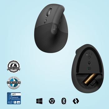 LOGITECH Lift Vertical Ergonomic Mouse Vertical mouse ergonomic left-handed optical 6 buttons wireless Bluetooth 2.4 GHz (910-006474)