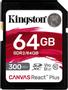 KINGSTON Canvas React Plus - Flash memory card - 64 GB - Video Class V90 / UHS-II U3 / Class10 - SDXC UHS-II