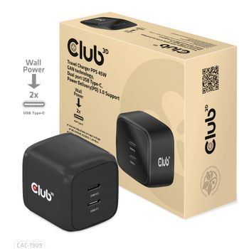 CLUB 3D Travel Charger PPS 45W GAN technology Dual port USB Type-C Power Delivery 3.0 Support (CAC-1909EU)