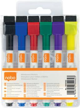 NOBO Mini Whiteboardpenner 6-pakning Pusekloss og magnet i korken. Giftfri blekk, rød, gul, grønn, blå, lilla, svart (1903792)