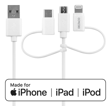 DELTACO USB-A to 3in1, Micro USB, USB-C, Lightning,  1m, white (IPLH-441)